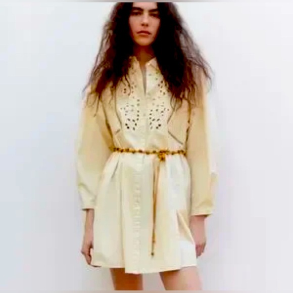 ZARA Sz L Collared Cream Shirt Dress Eyelet Lace Front Puff Sleeves Beaded Belt - Picture 1 of 14